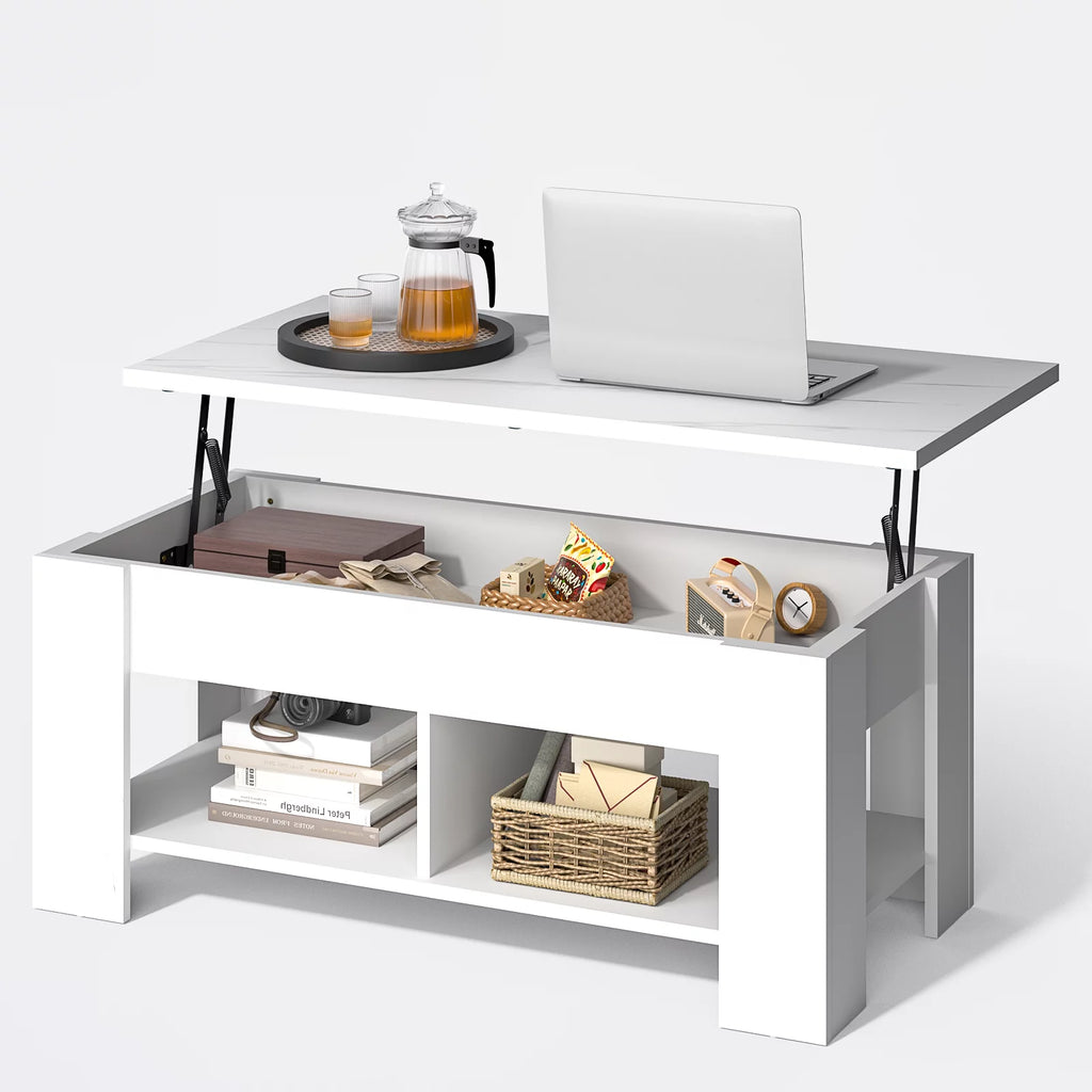 White Lift Top Coffee Table with Storage Compartment and Shelves V66061