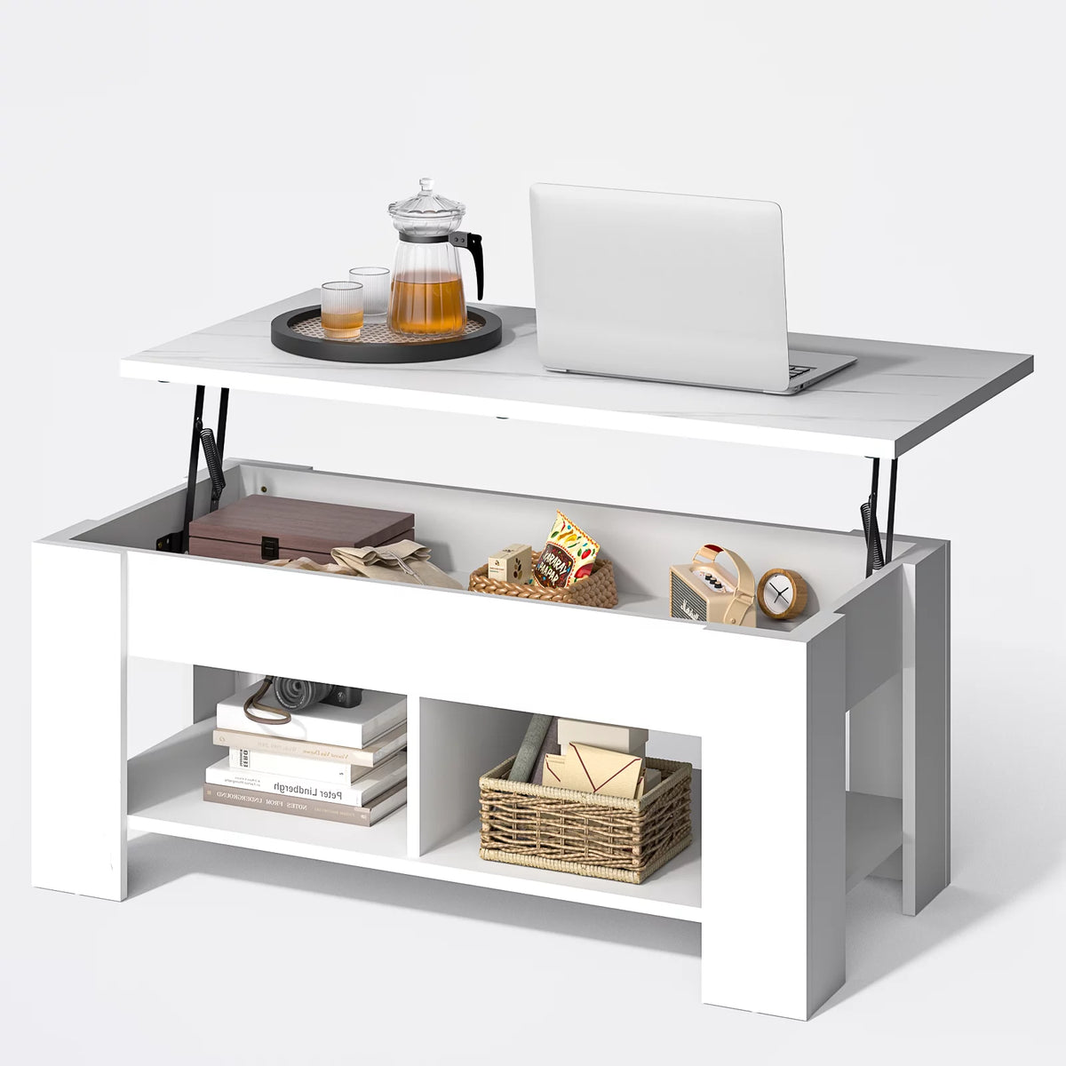 White Lift Top Coffee Table with Storage Compartment and Shelves V66061