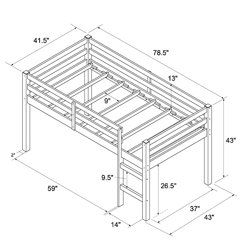 Black Twin Pine Wood Loft Bed with Guard Rail F802