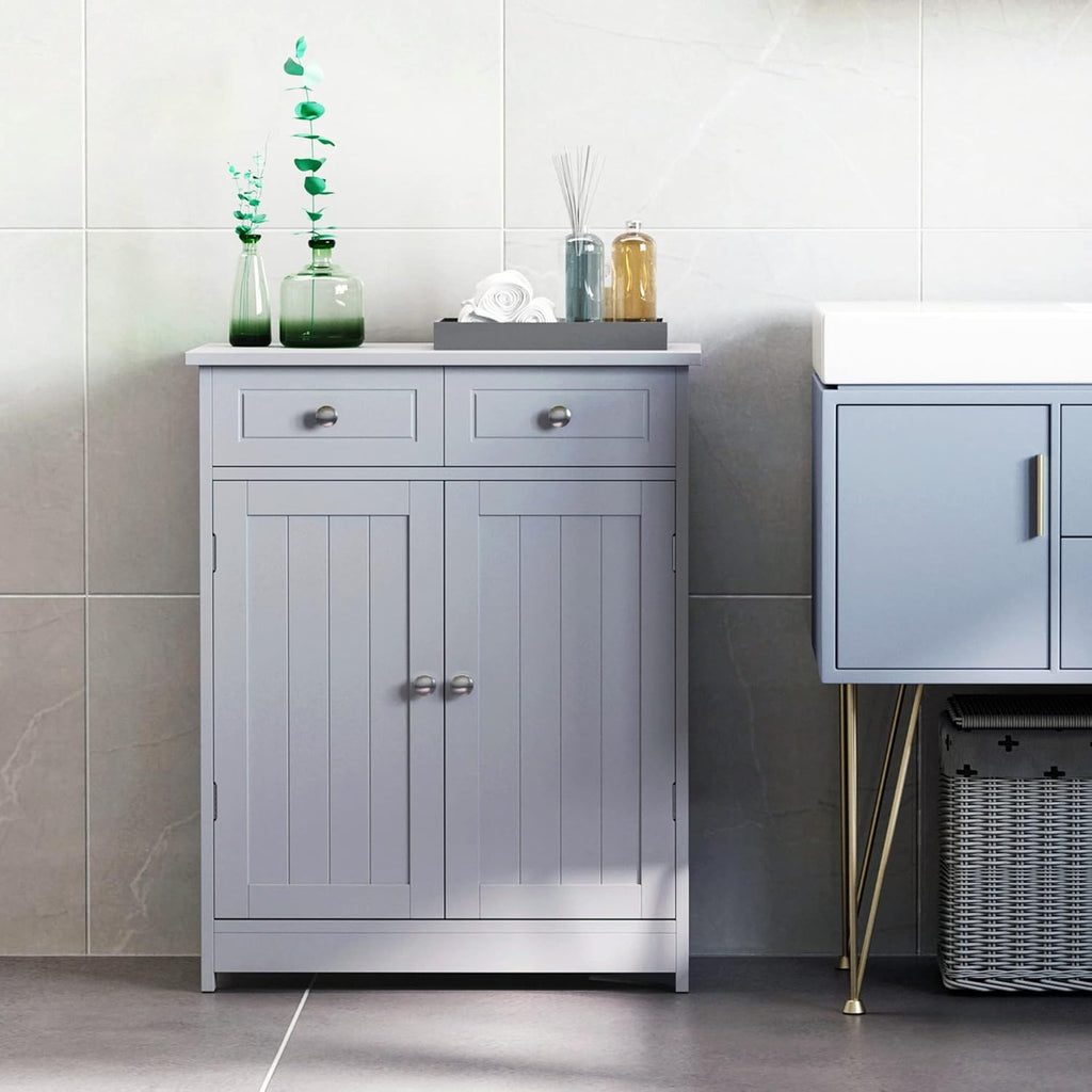 Grey Freestanding Bathroom Storage Cabinet with 2 Door, 2 Drawers, Adjustable Shelf R64578