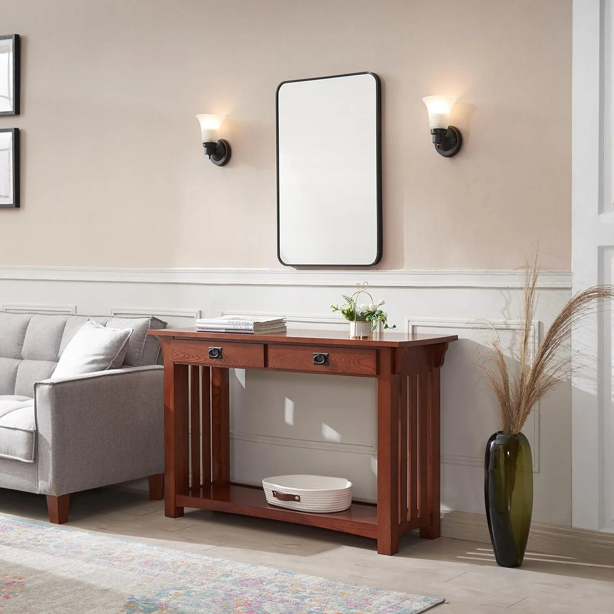 Medium Oak Two Drawer Console Table with Shelf N19581