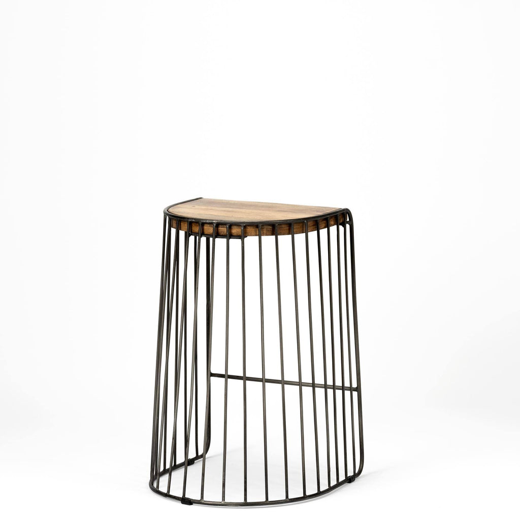 Brown Wood Seat Black Metal Frame Stool D4021